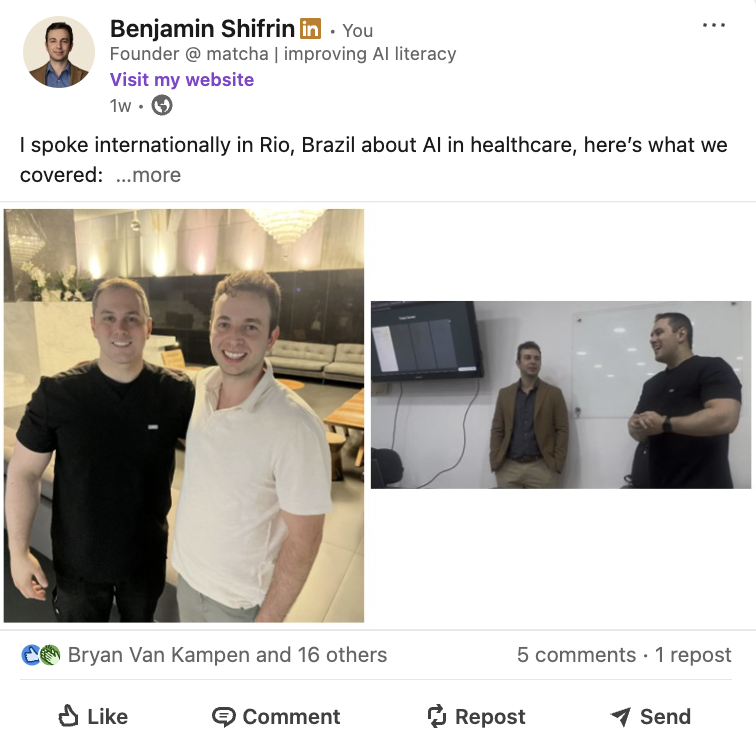 LinkedIn post by Benjamin Shifrin about speaking on AI in healthcare in Rio, Brazil